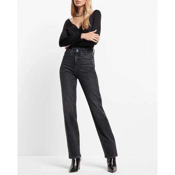 EXPRESS Super High Waisted Modern Straight Jeans Black Womens Small Short 4 - Picture 9 of 10